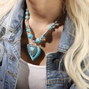 Boho Turquoise Teal Heart Necklace Bohemian Summer Beach Ocean Fashion Jewelry